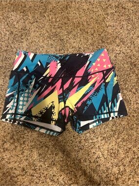 Women’s fun retro feed me fight me size small spandex shorts like new multicolor